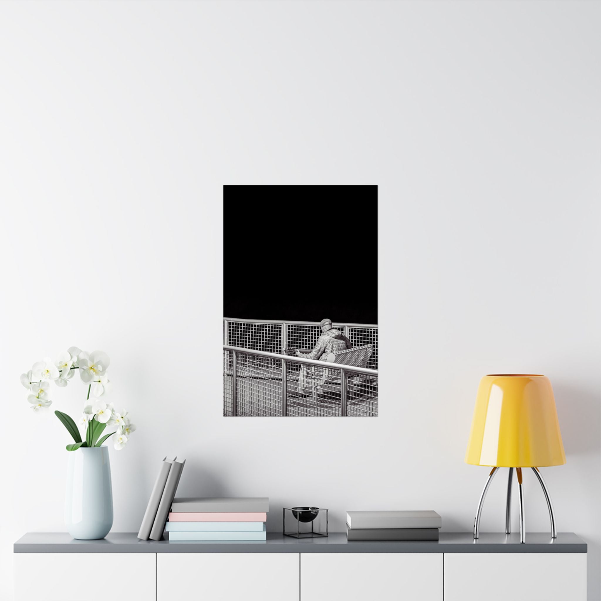 Black & White Lone Guitar Player Matte Vertical Poster — Minimalist wall art