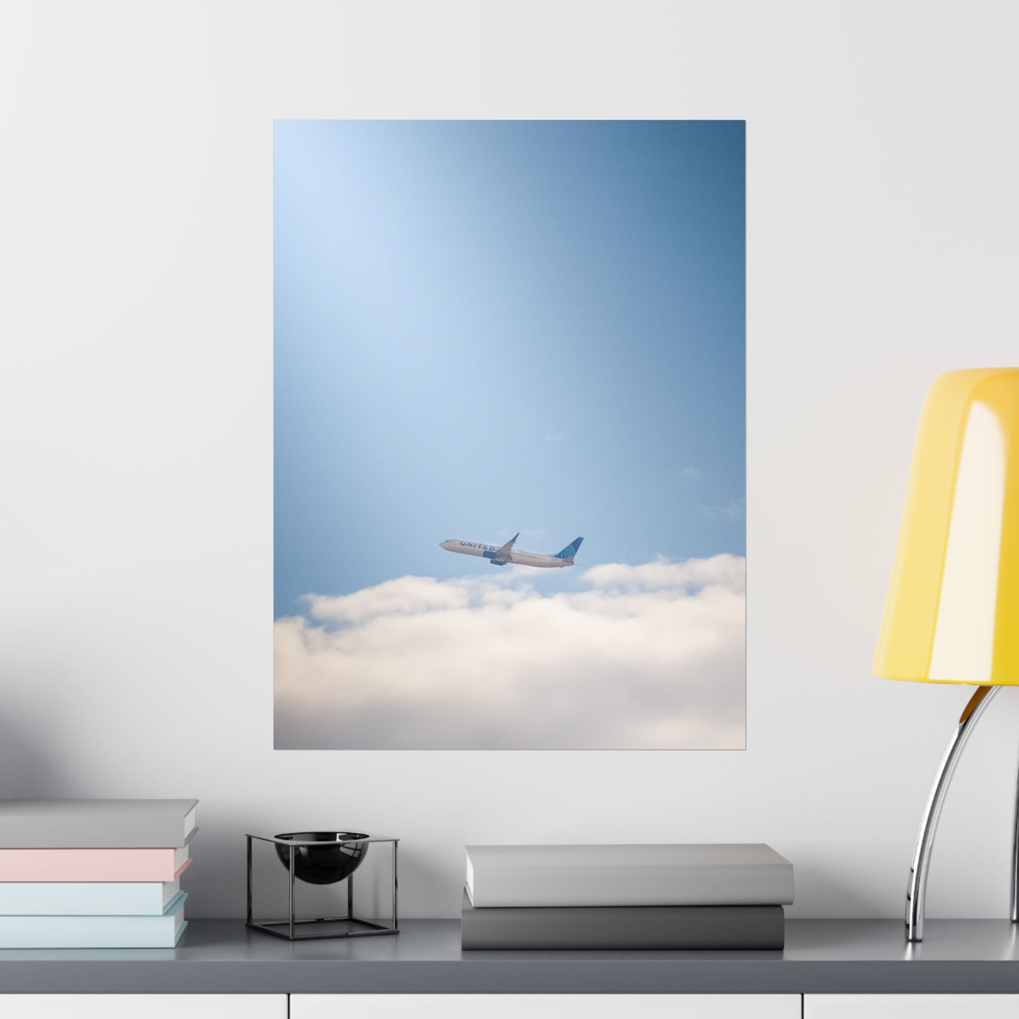 Airplane in Blue Sky Matte Poster — Vertical Travel Wall Art
