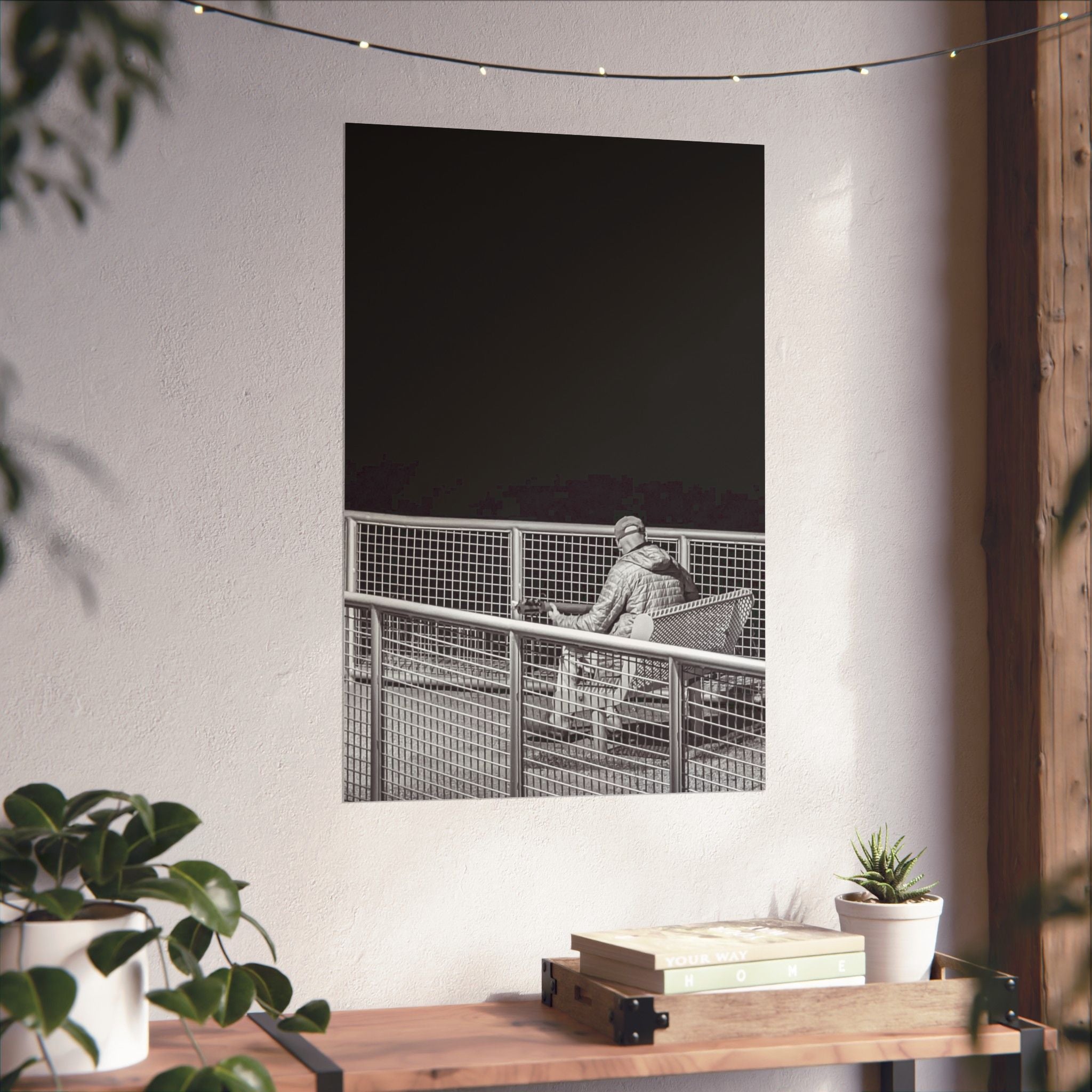 Black & White Lone Guitar Player Matte Vertical Poster — Minimalist wall art