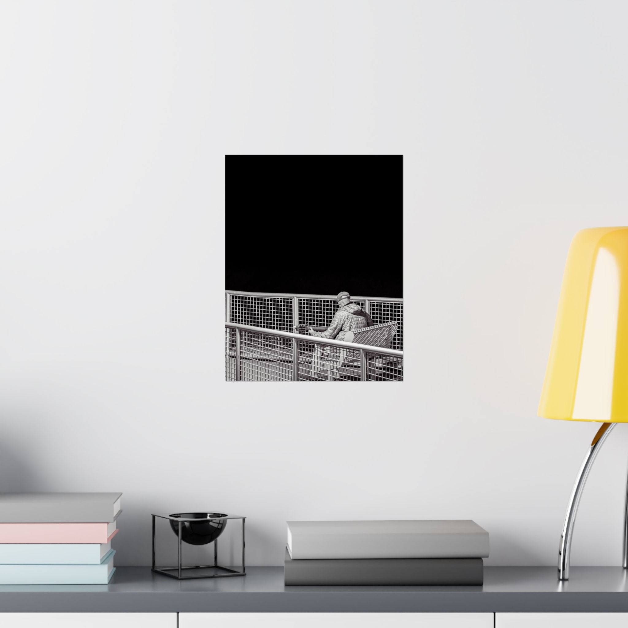 Black & White Lone Guitar Player Matte Vertical Poster — Minimalist wall art