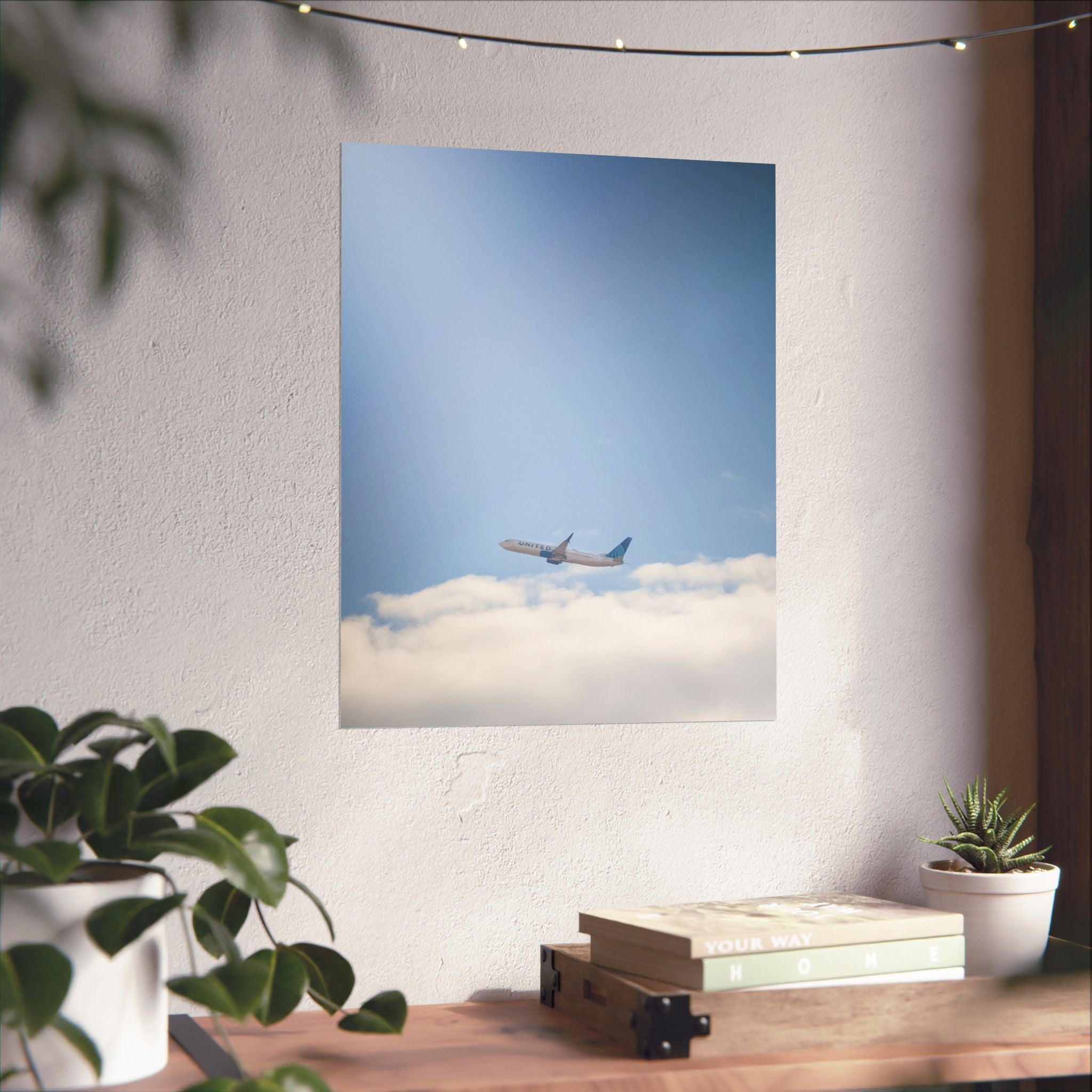 Airplane in Blue Sky Matte Poster — Vertical Travel Wall Art