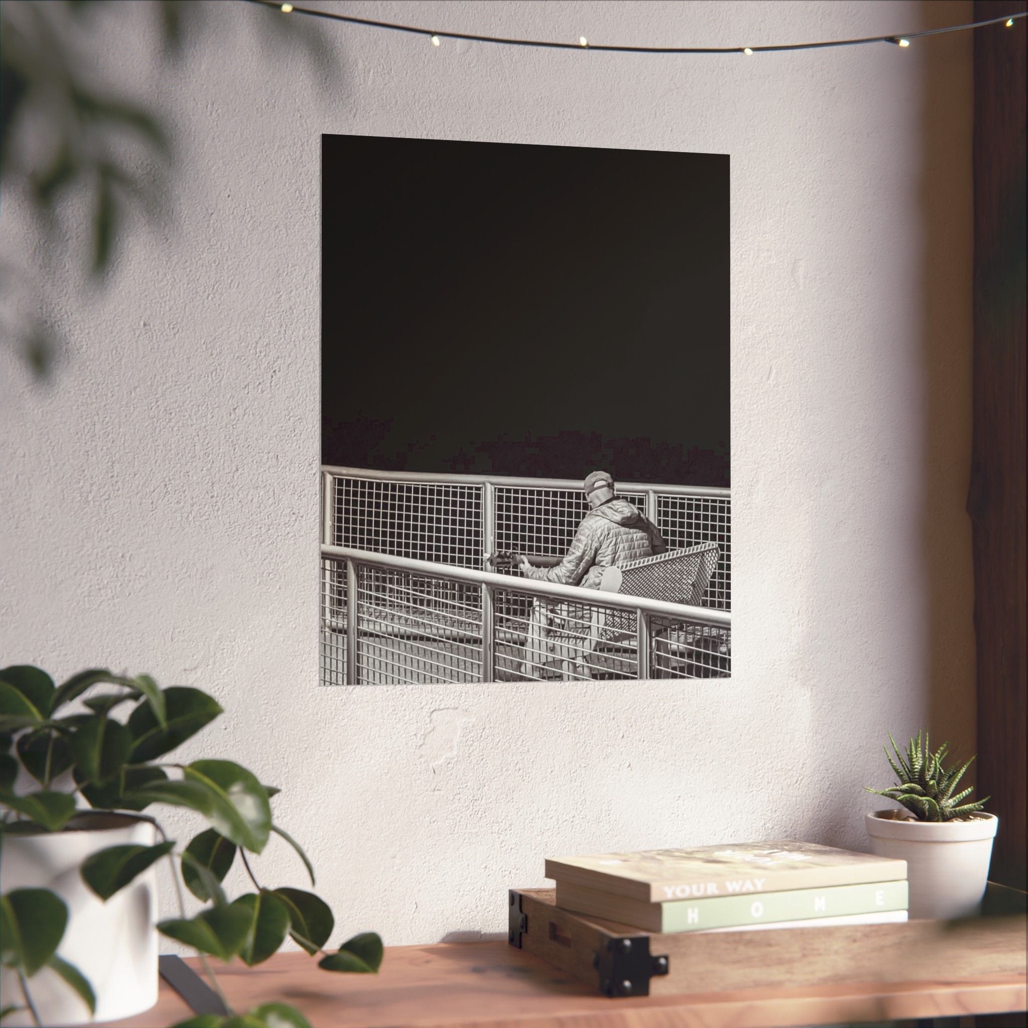 Black & White Lone Guitar Player Matte Vertical Poster — Minimalist wall art