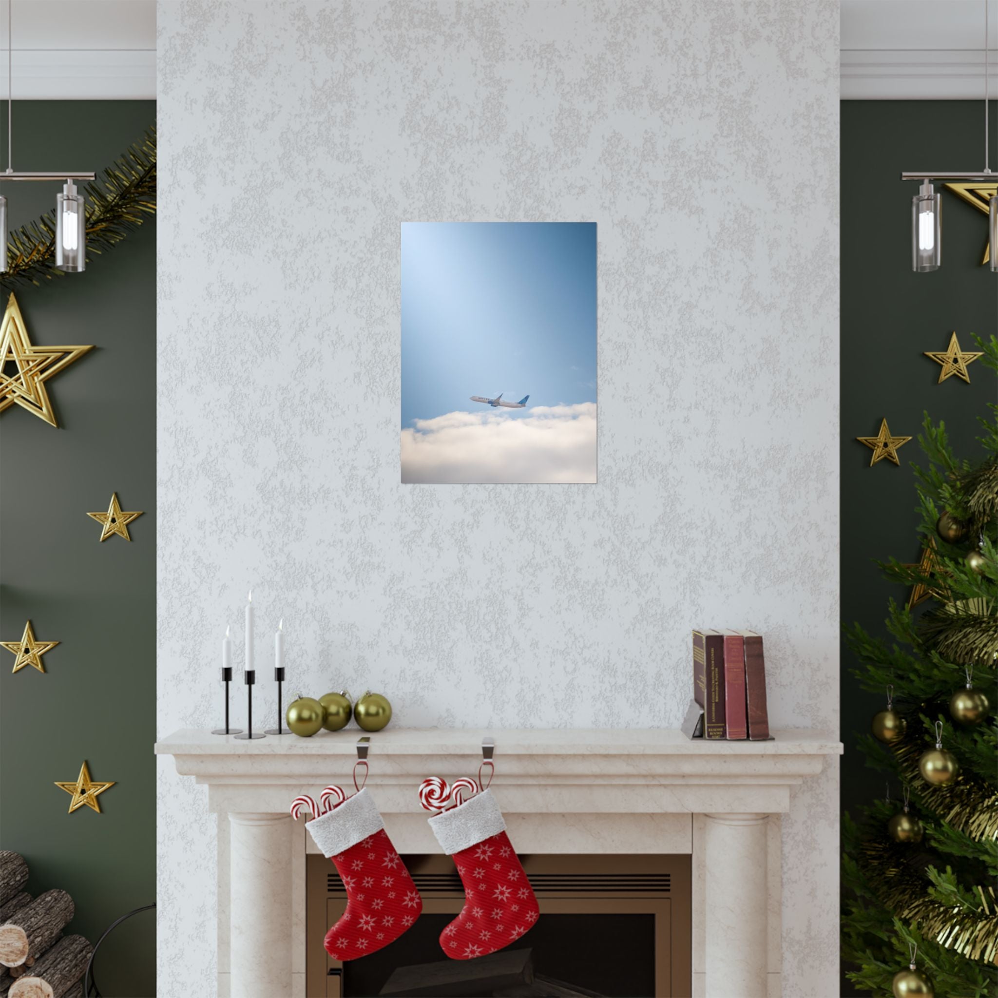 Airplane in Blue Sky Matte Poster — Vertical Travel Wall Art
