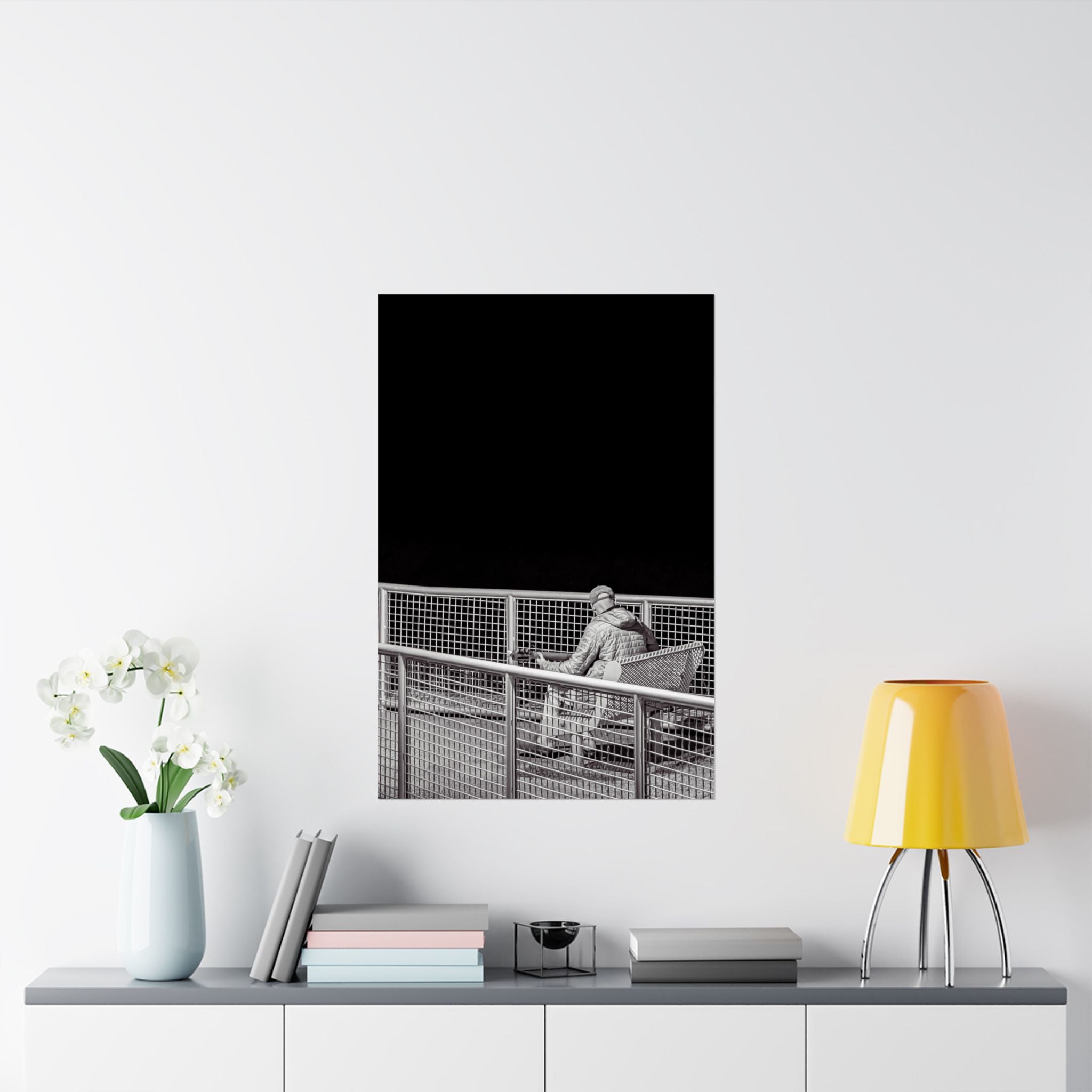Black & White Lone Guitar Player Matte Vertical Poster — Minimalist wall art