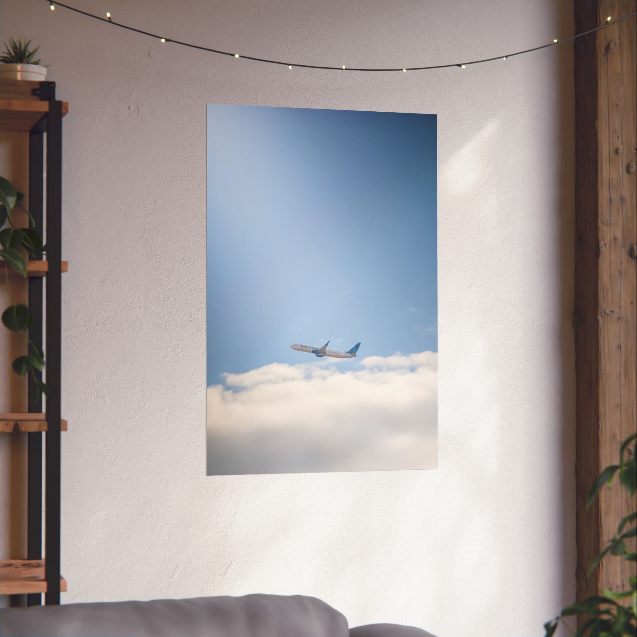Airplane in Blue Sky Matte Poster — Vertical Travel Wall Art