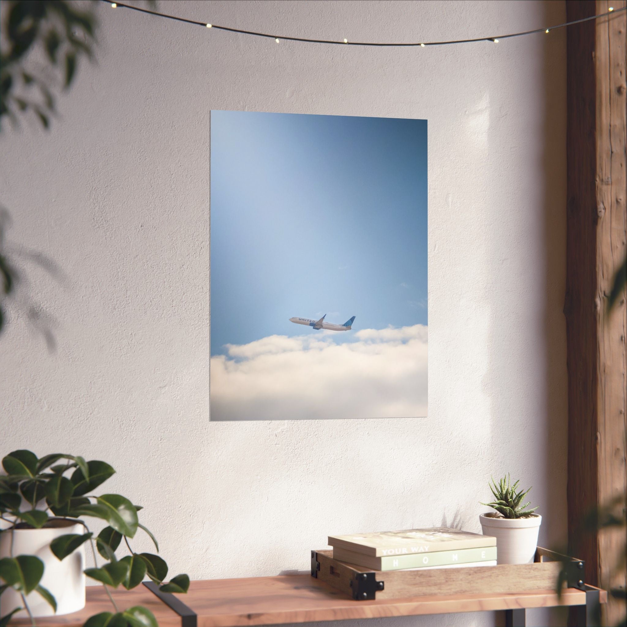 Airplane in Blue Sky Matte Poster — Vertical Travel Wall Art