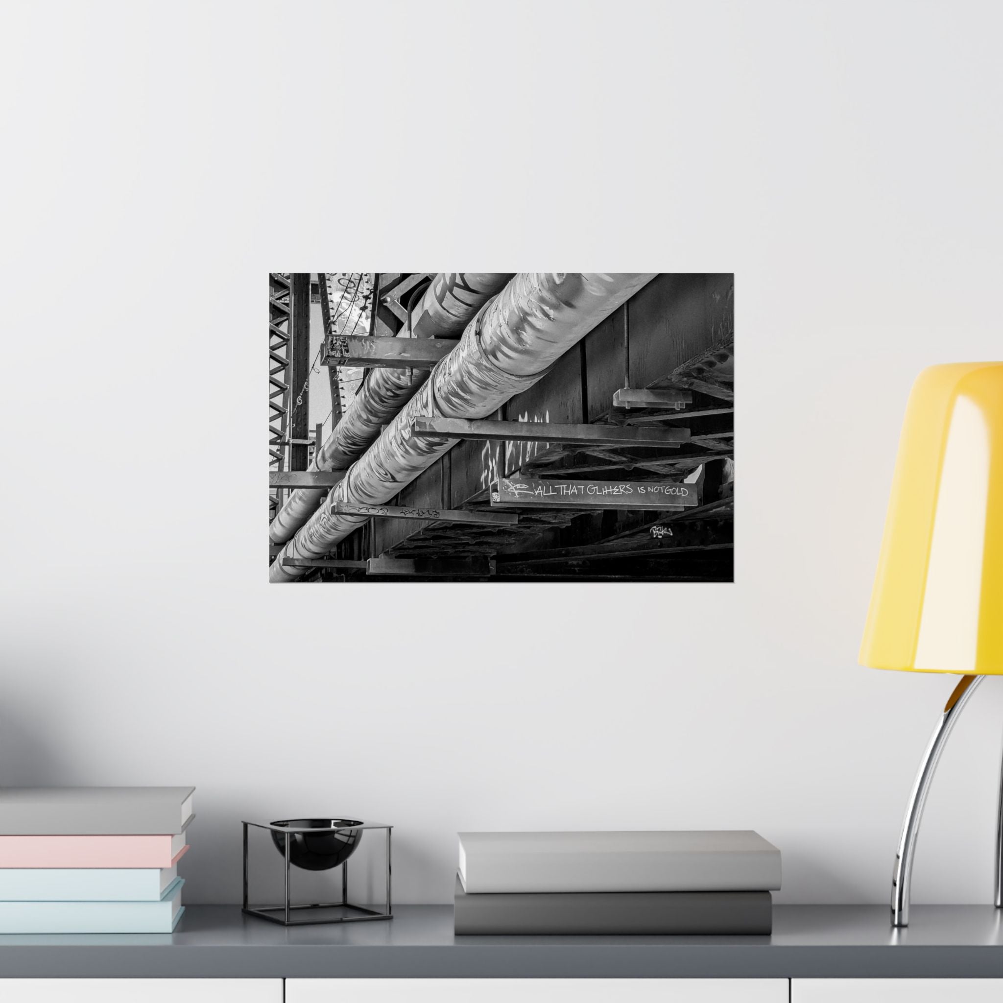 Industrial Black & White Matte Horizontal Poster — Urban Pipe Bridge Photography