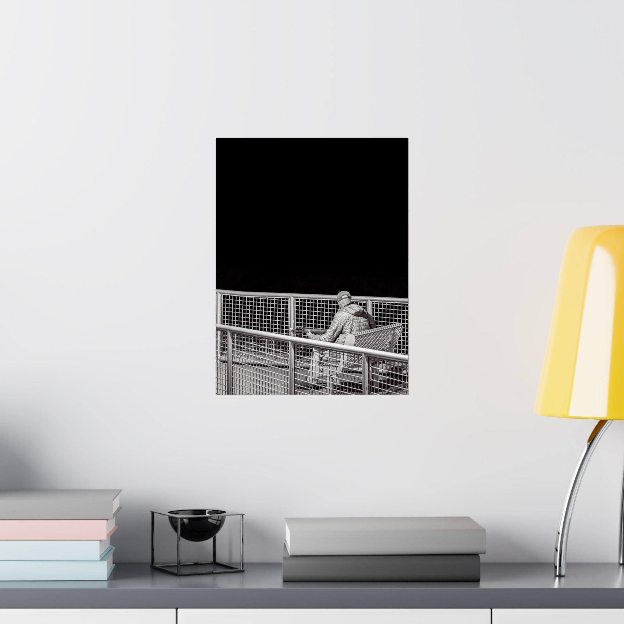 Black & White Lone Guitar Player Matte Vertical Poster — Minimalist wall art