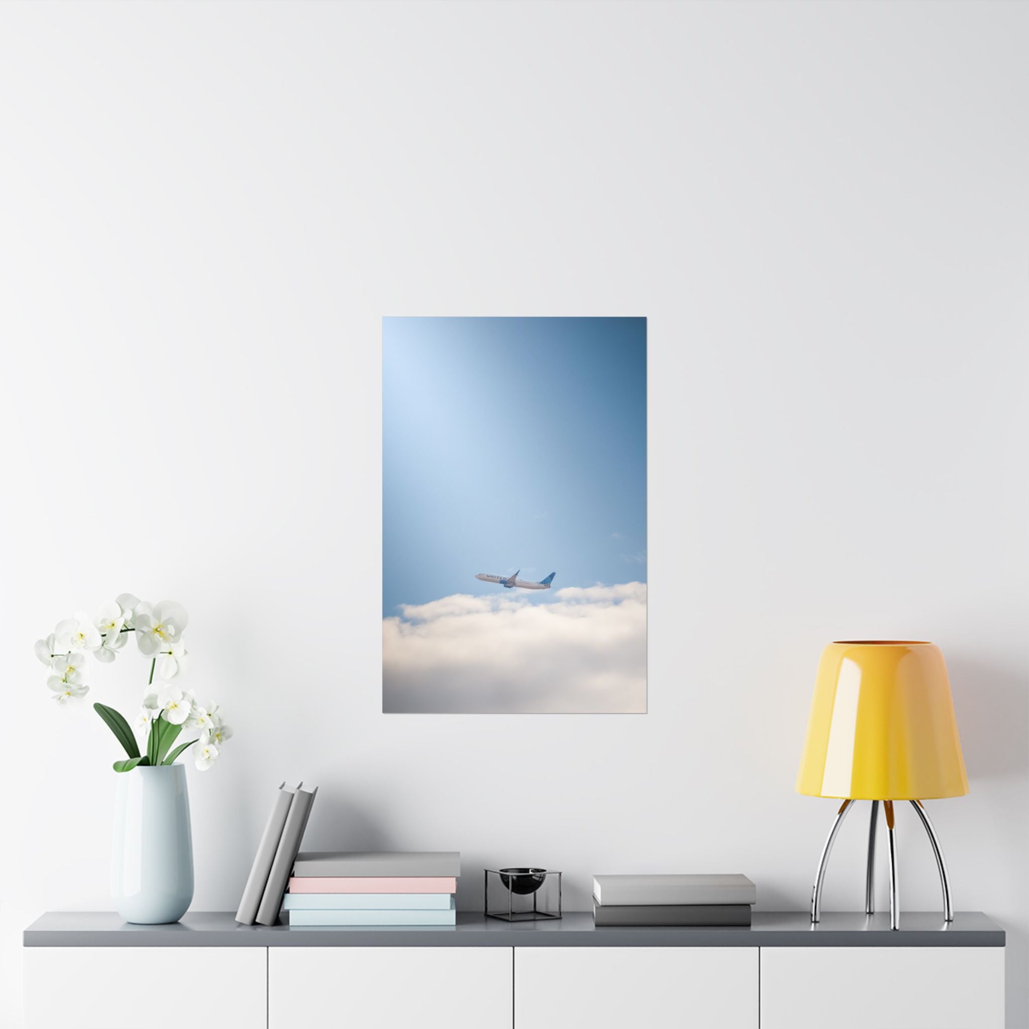 Airplane in Blue Sky Matte Poster — Vertical Travel Wall Art