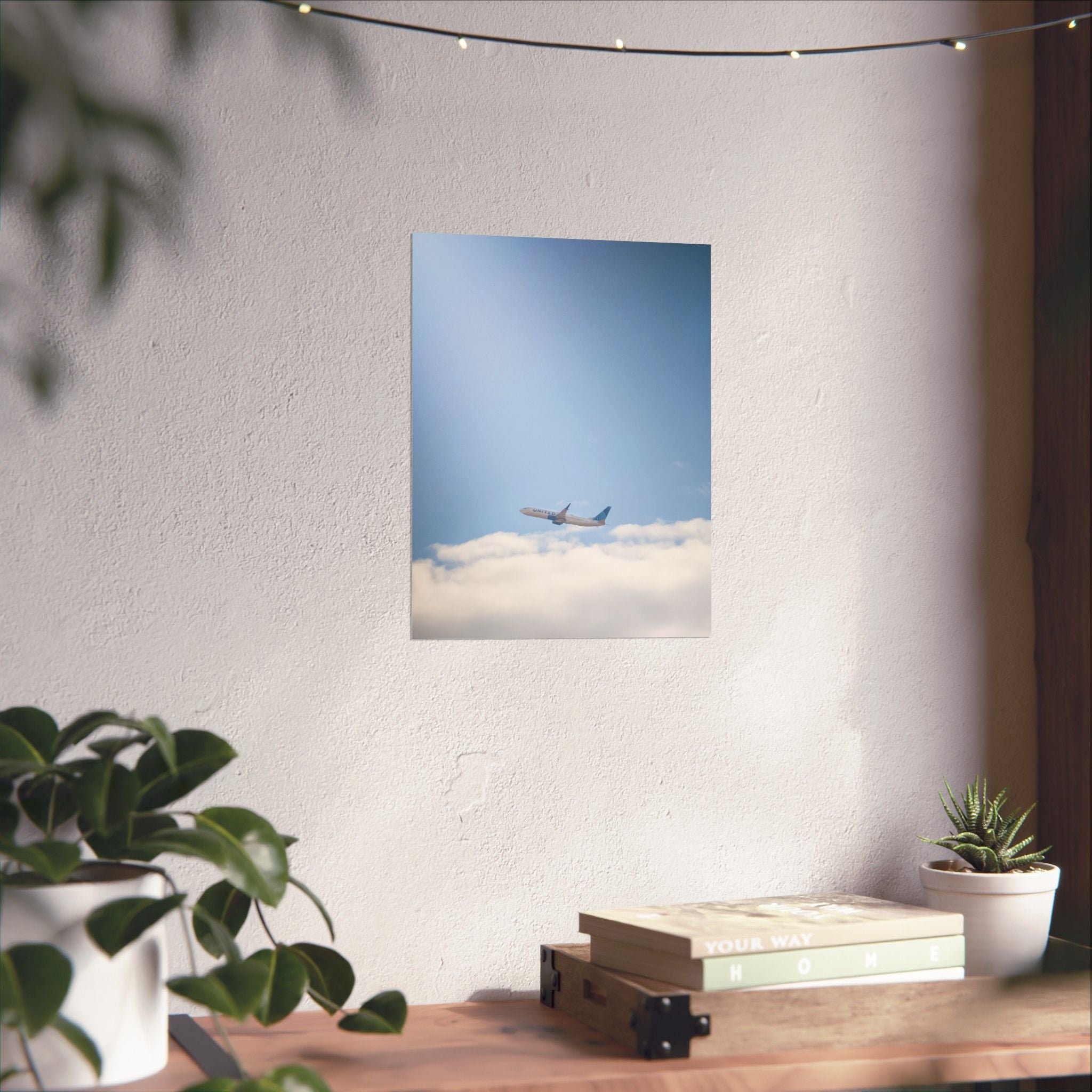 Airplane in Blue Sky Matte Poster — Vertical Travel Wall Art