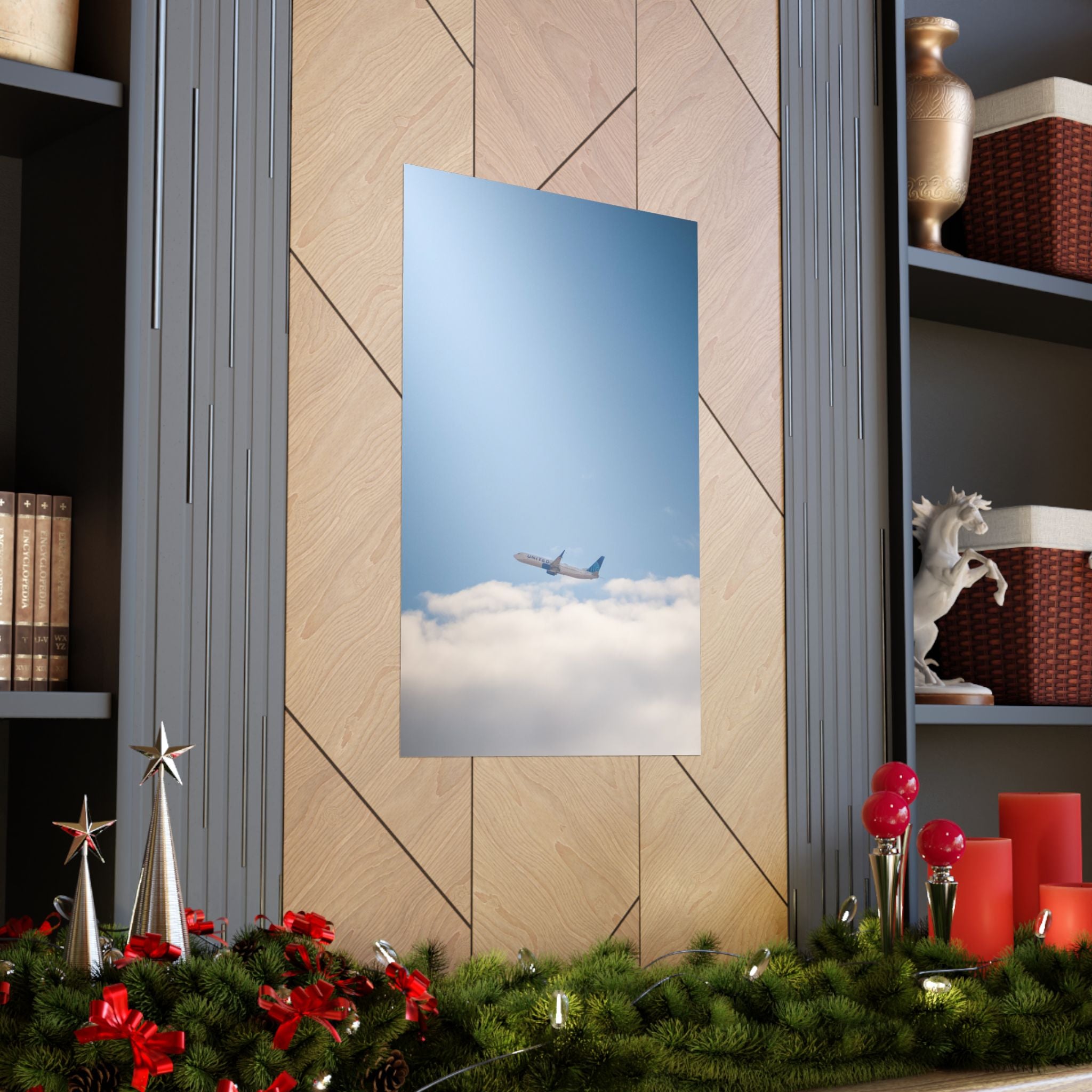 Airplane in Blue Sky Matte Poster — Vertical Travel Wall Art