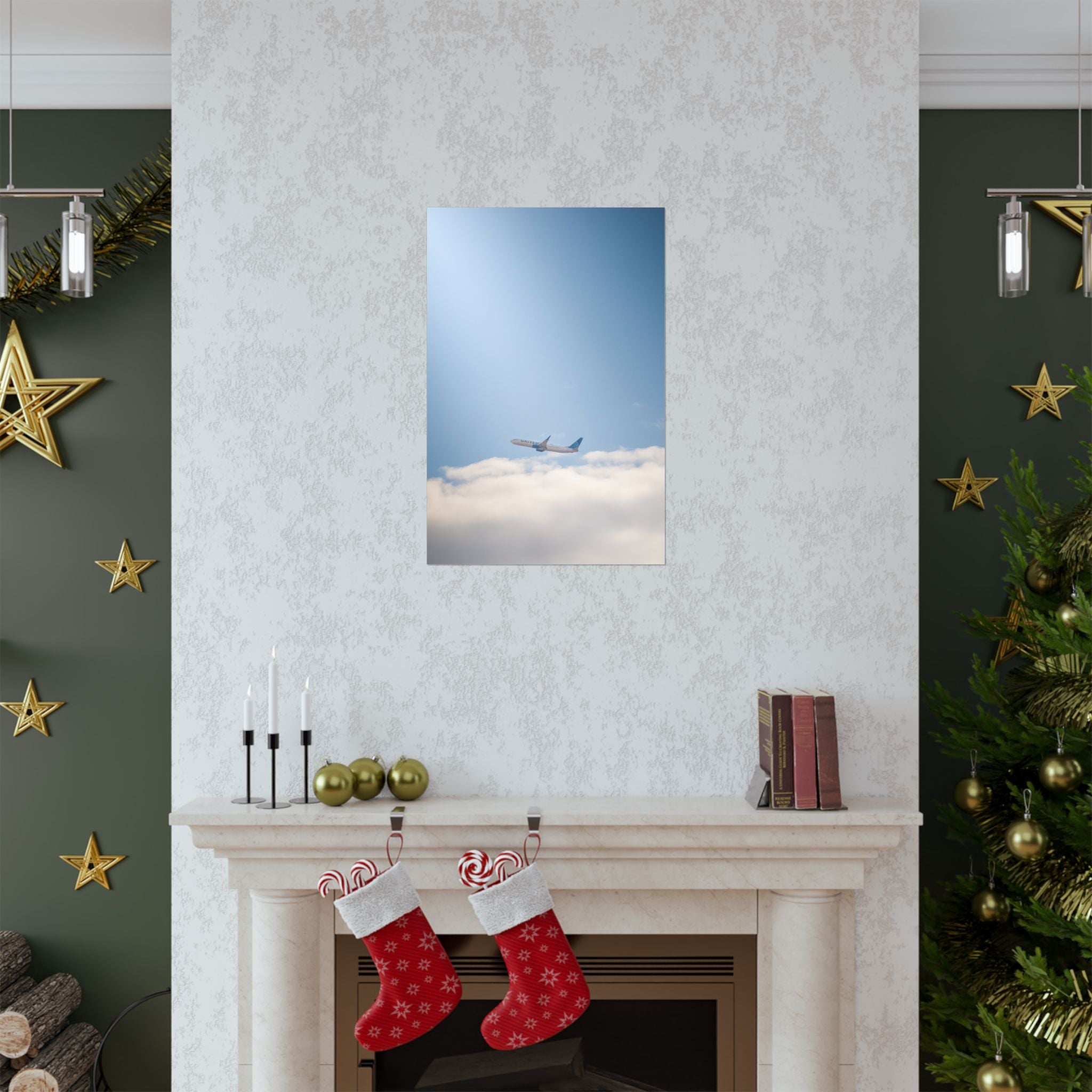 Airplane in Blue Sky Matte Poster — Vertical Travel Wall Art