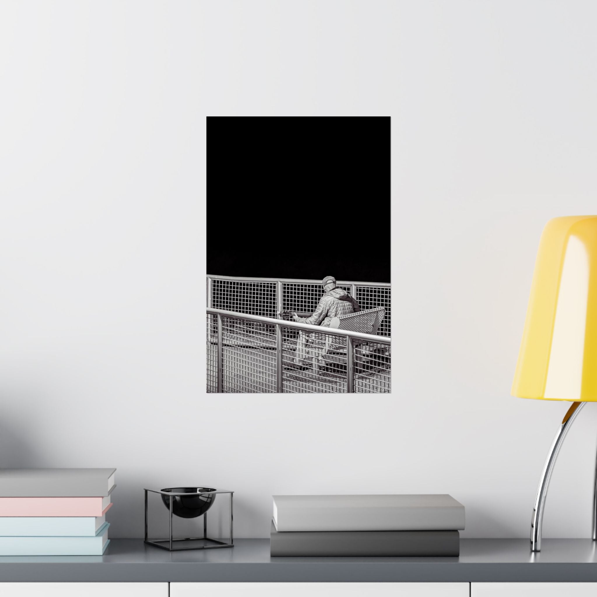 Black & White Lone Guitar Player Matte Vertical Poster — Minimalist wall art