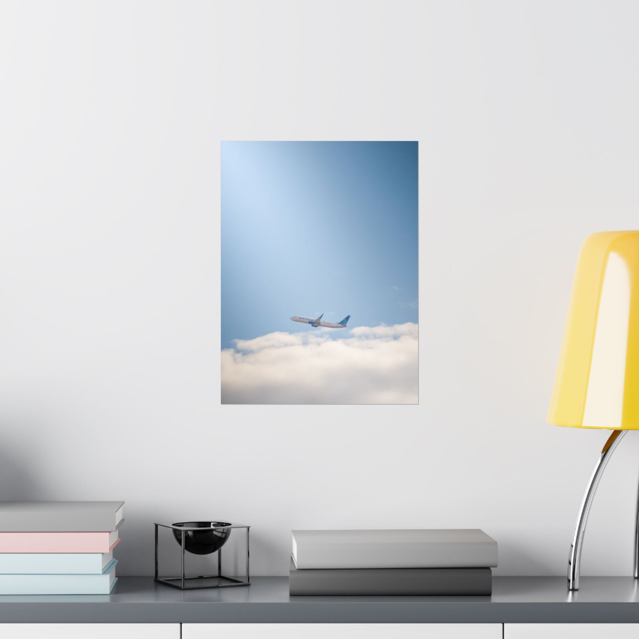 Airplane in Blue Sky Matte Poster — Vertical Travel Wall Art