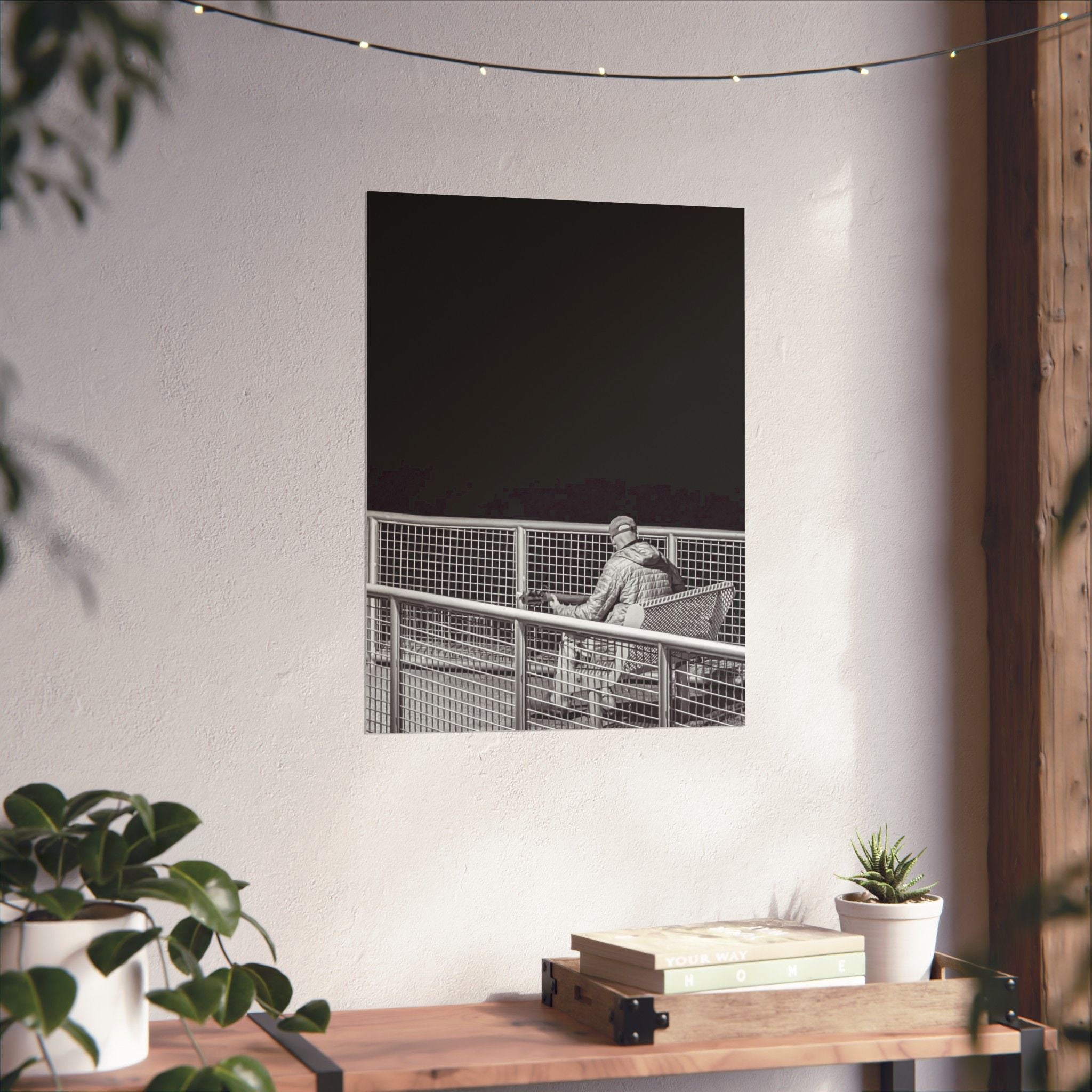 Black & White Lone Guitar Player Matte Vertical Poster — Minimalist wall art