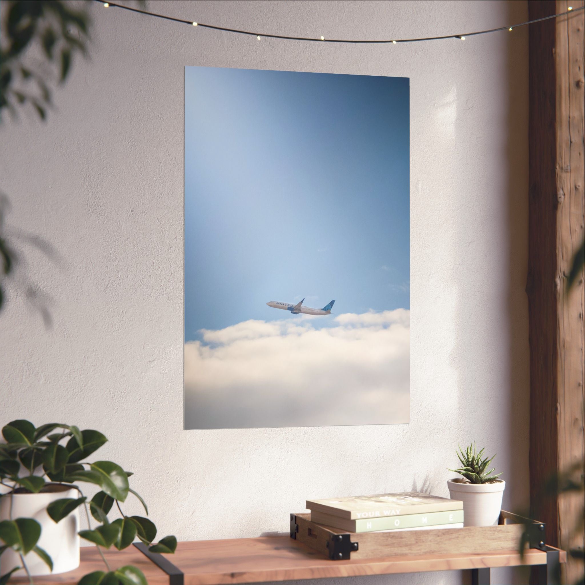 Airplane in Blue Sky Matte Poster — Vertical Travel Wall Art