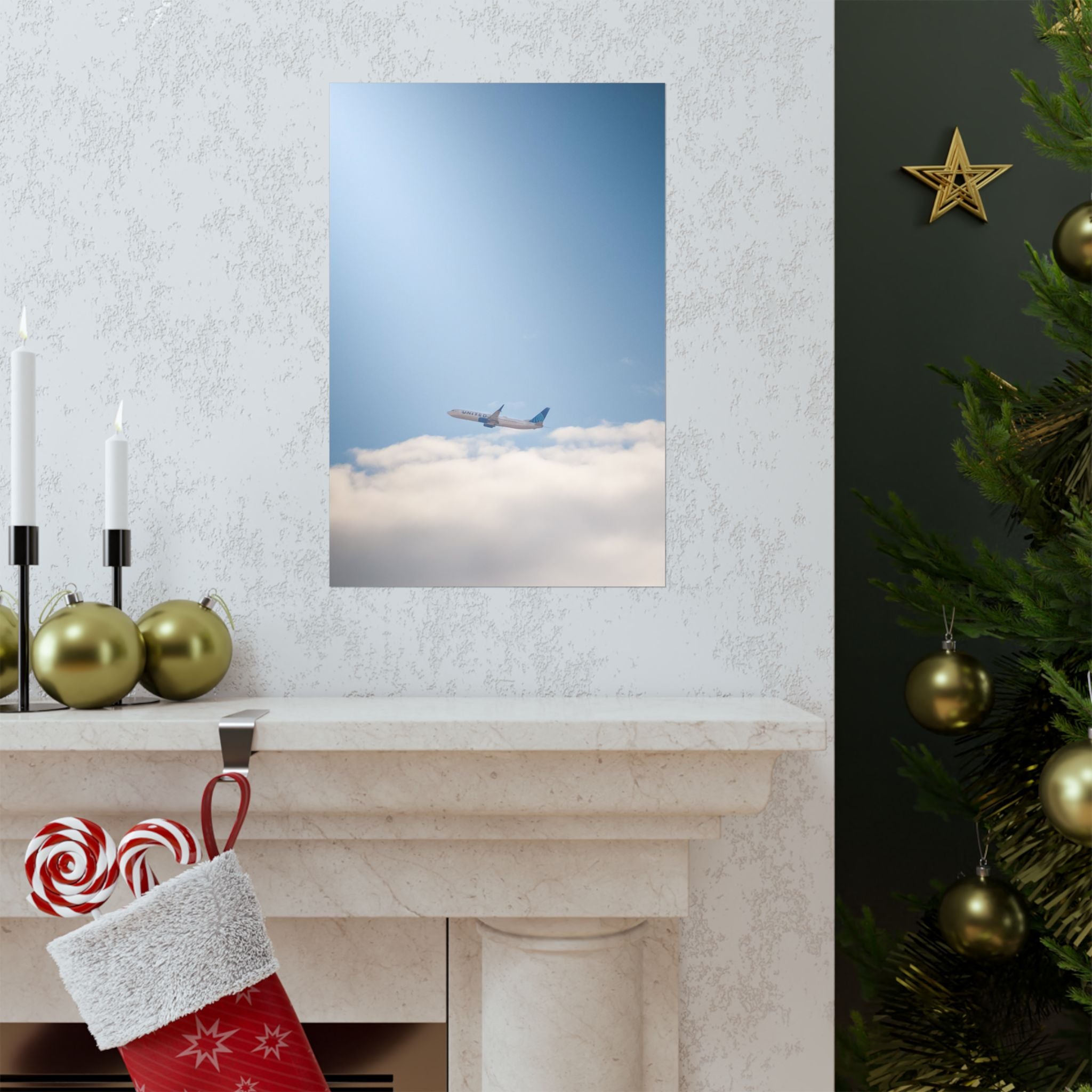 Airplane in Blue Sky Matte Poster — Vertical Travel Wall Art
