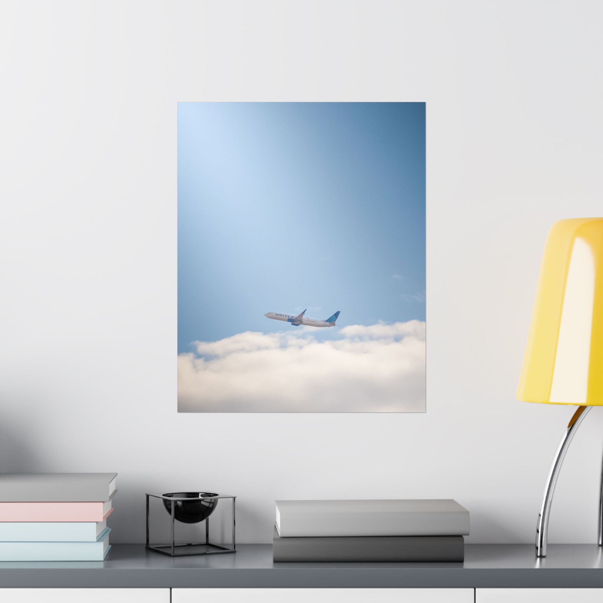 Airplane in Blue Sky Matte Poster — Vertical Travel Wall Art