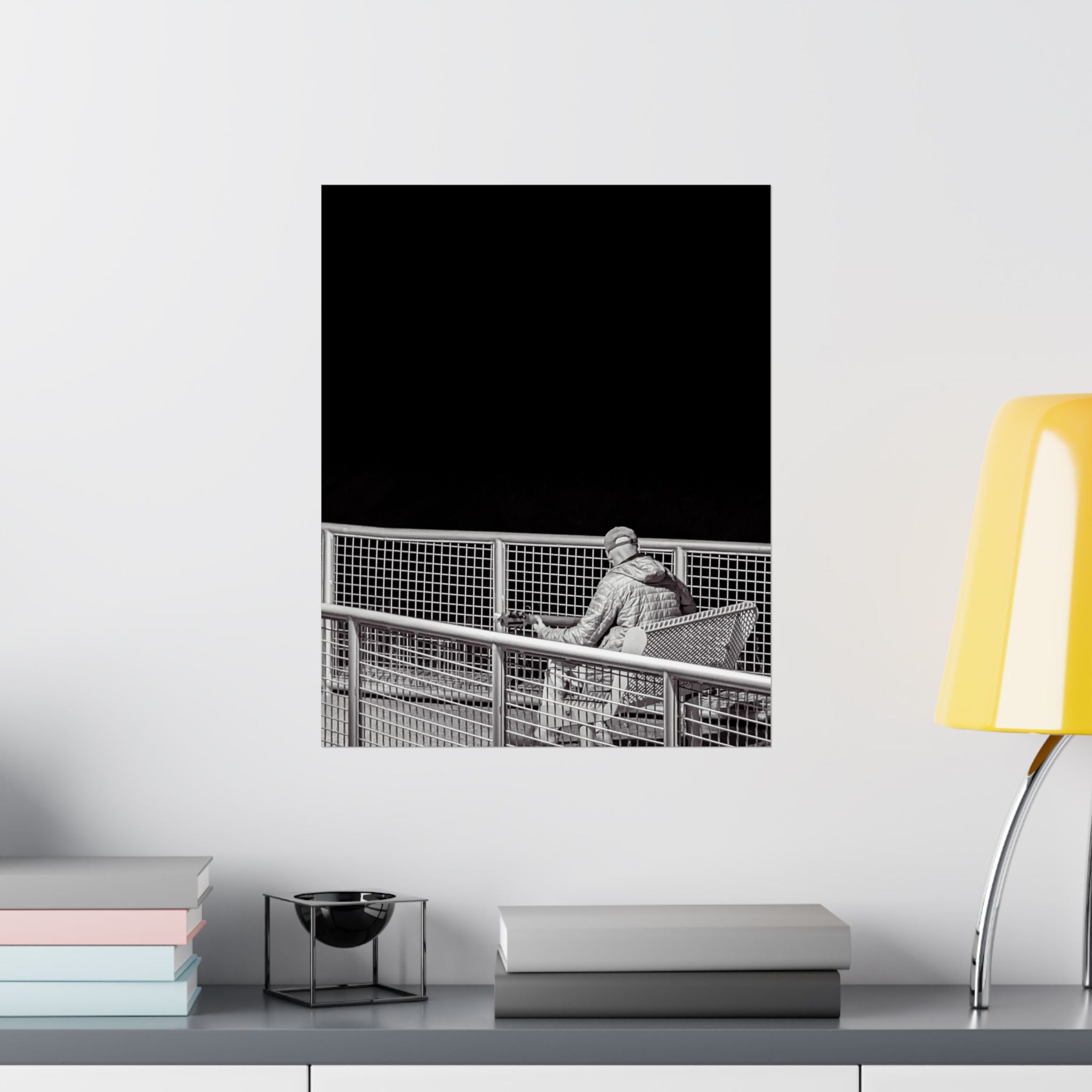 Black & White Lone Guitar Player Matte Vertical Poster — Minimalist wall art