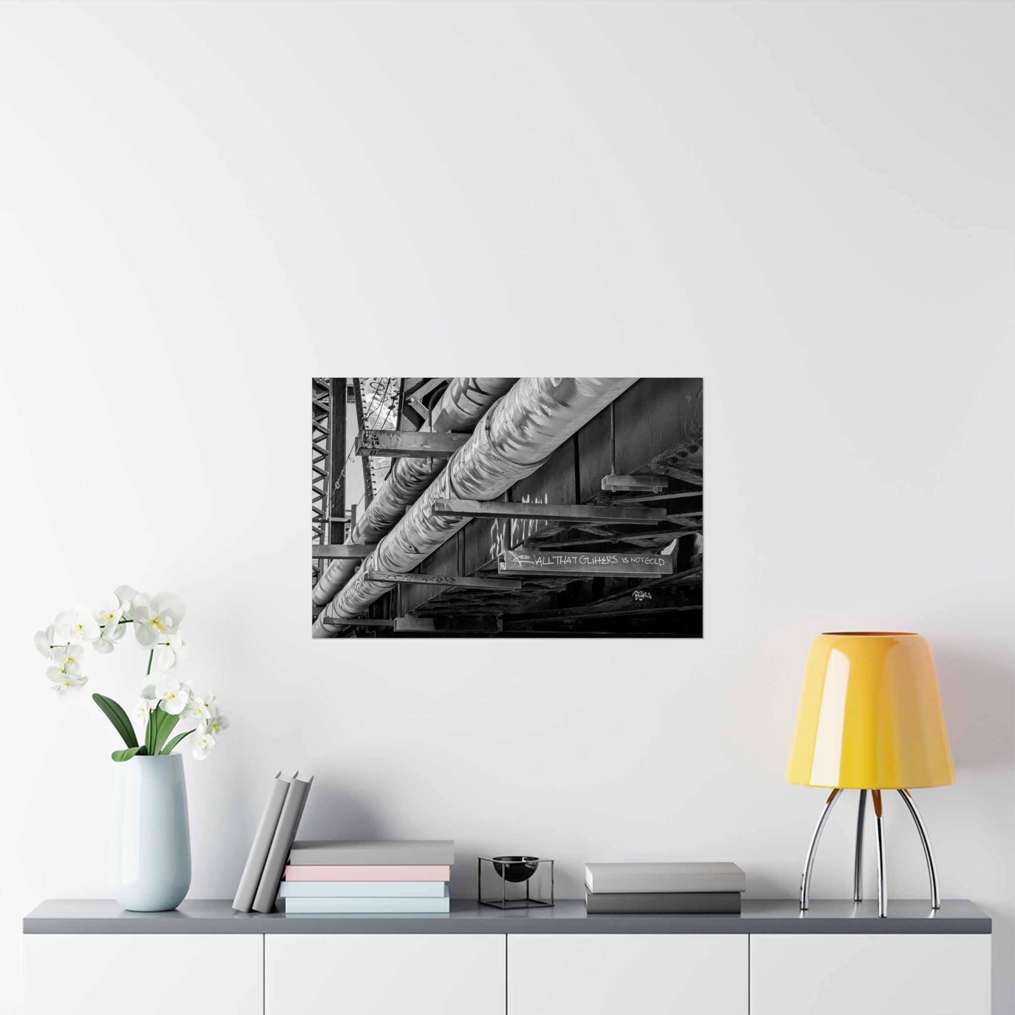 Industrial Black & White Matte Horizontal Poster — Urban Pipe Bridge Photography