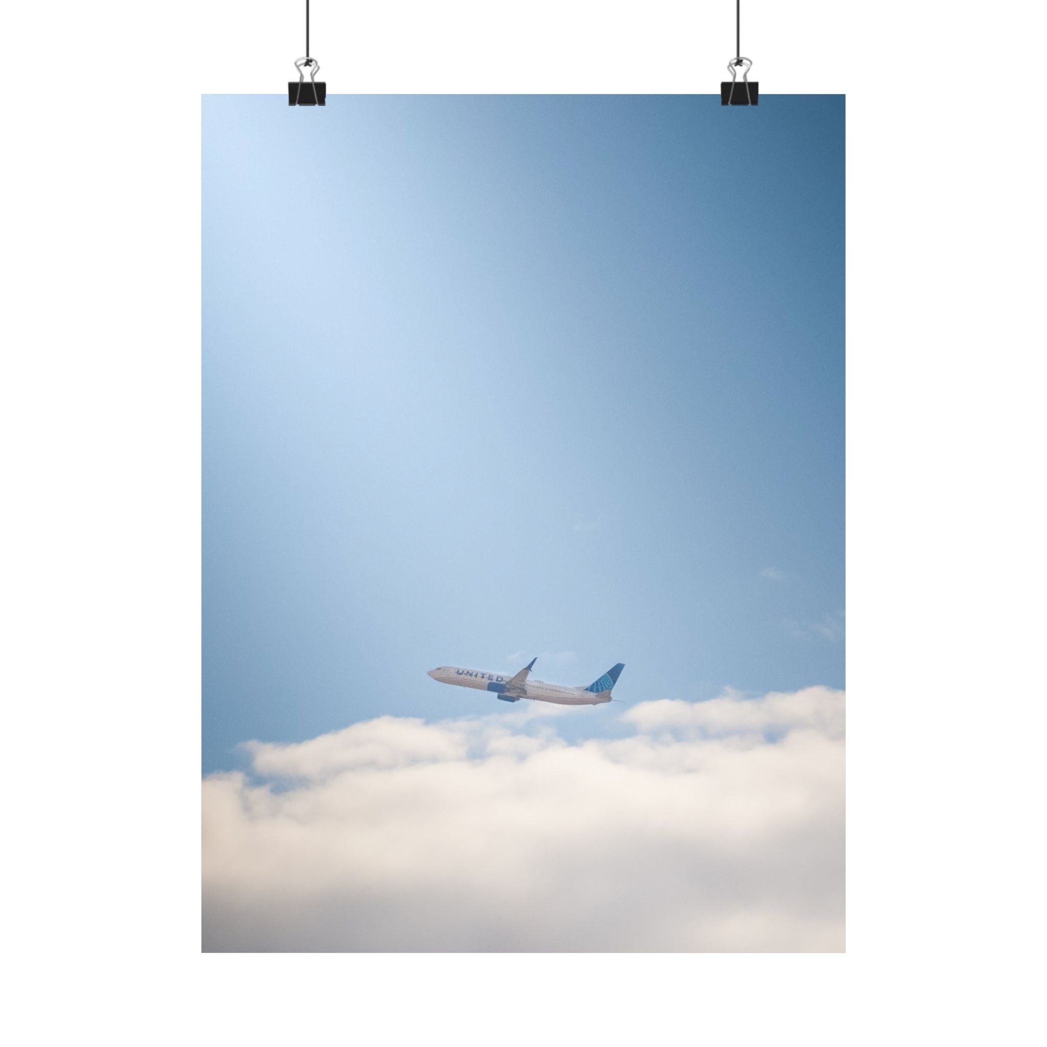 Airplane in Blue Sky Matte Poster — Vertical Travel Wall Art
