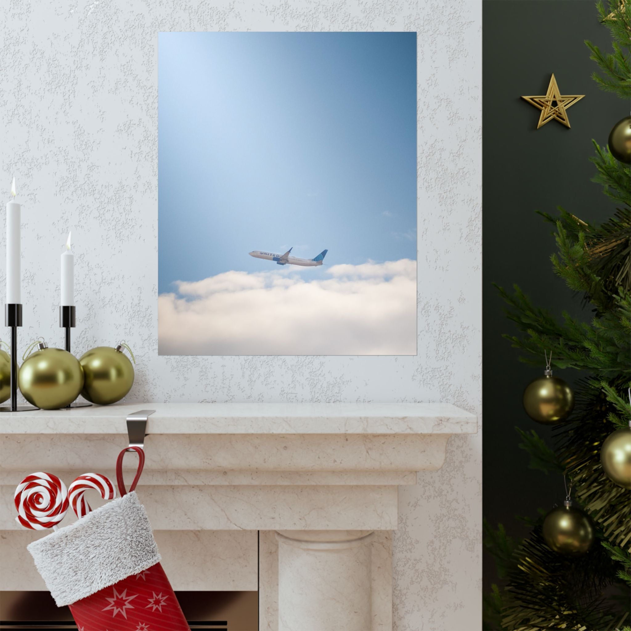 Airplane in Blue Sky Matte Poster — Vertical Travel Wall Art