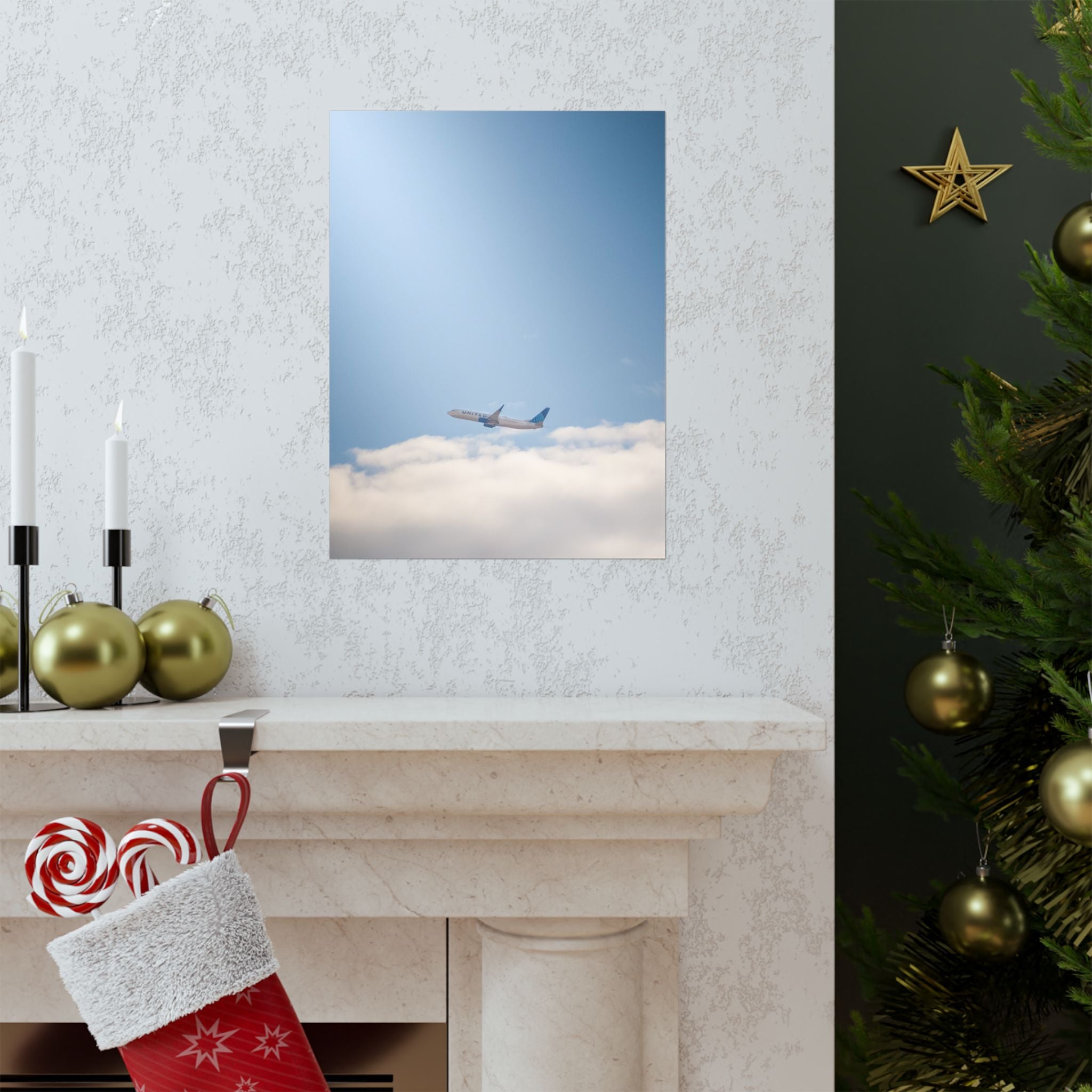 Airplane in Blue Sky Matte Poster — Vertical Travel Wall Art