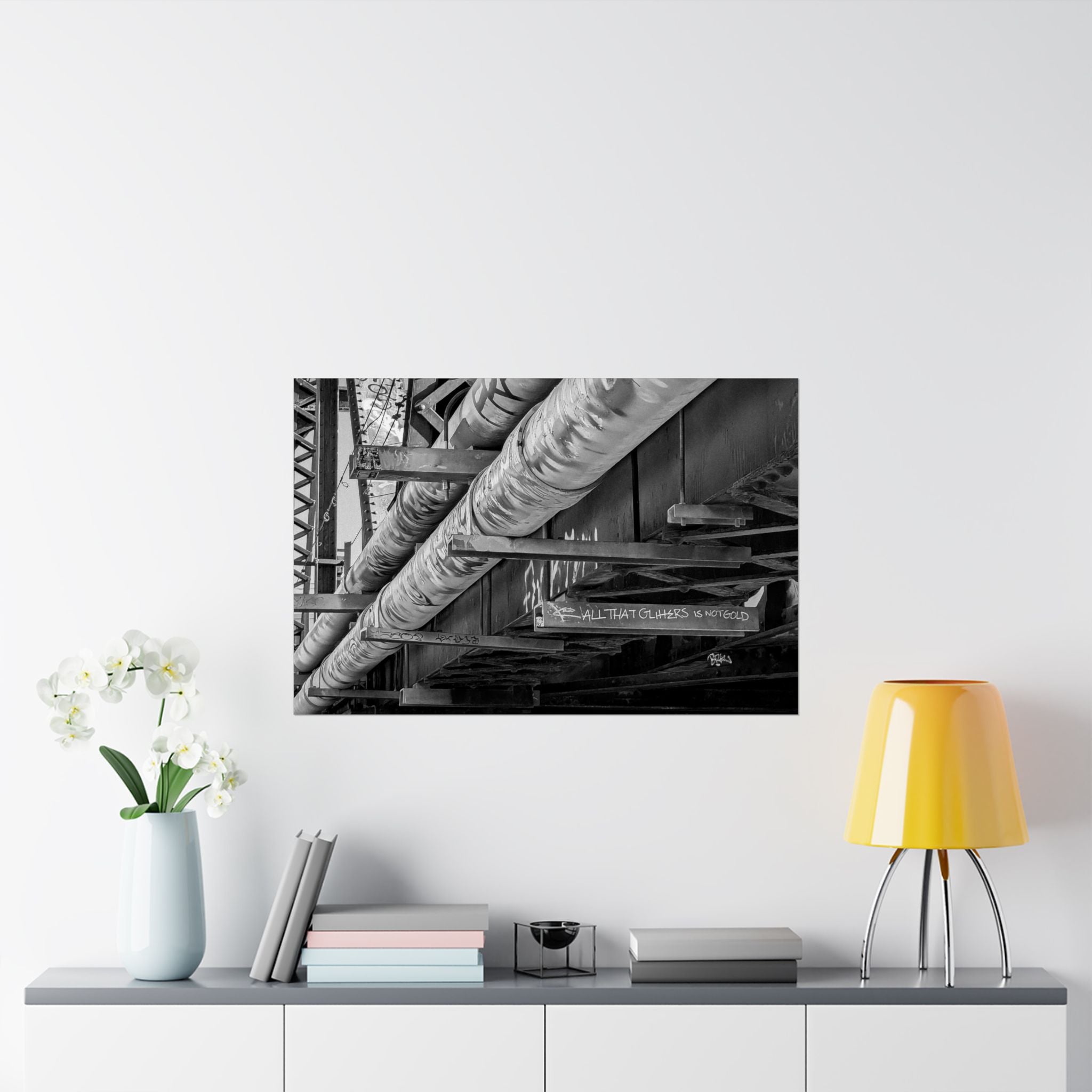 Industrial Black & White Matte Horizontal Poster — Urban Pipe Bridge Photography