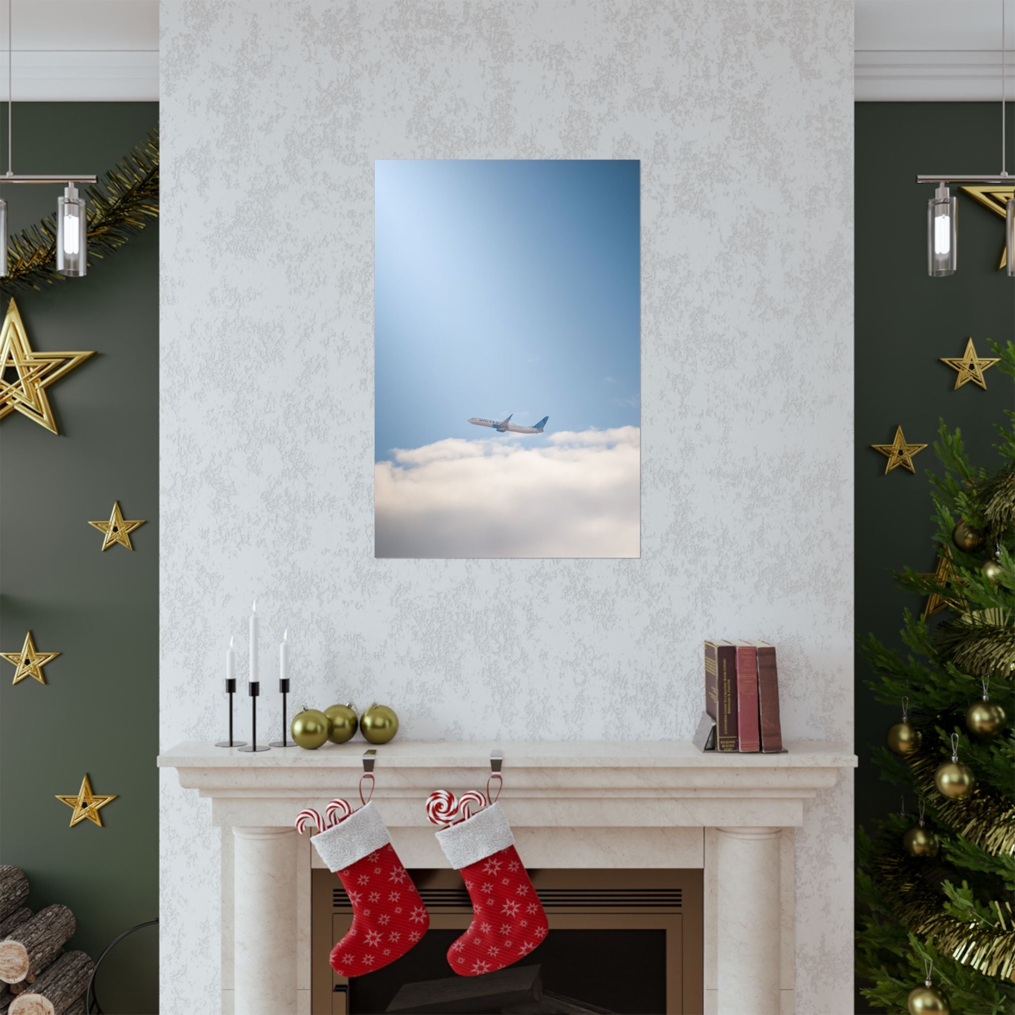 Airplane in Blue Sky Matte Poster — Vertical Travel Wall Art
