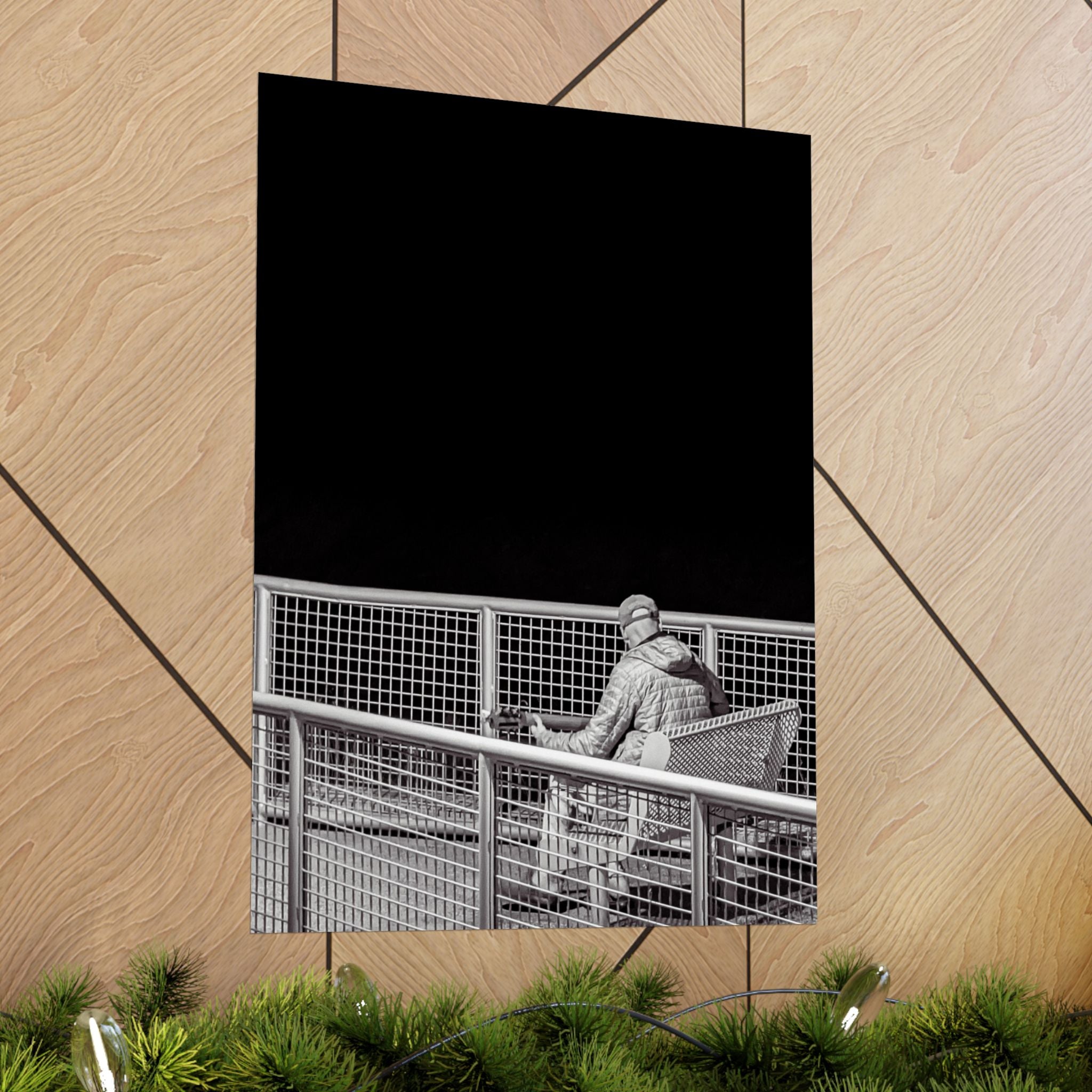 Black & White Lone Guitar Player Matte Vertical Poster — Minimalist wall art