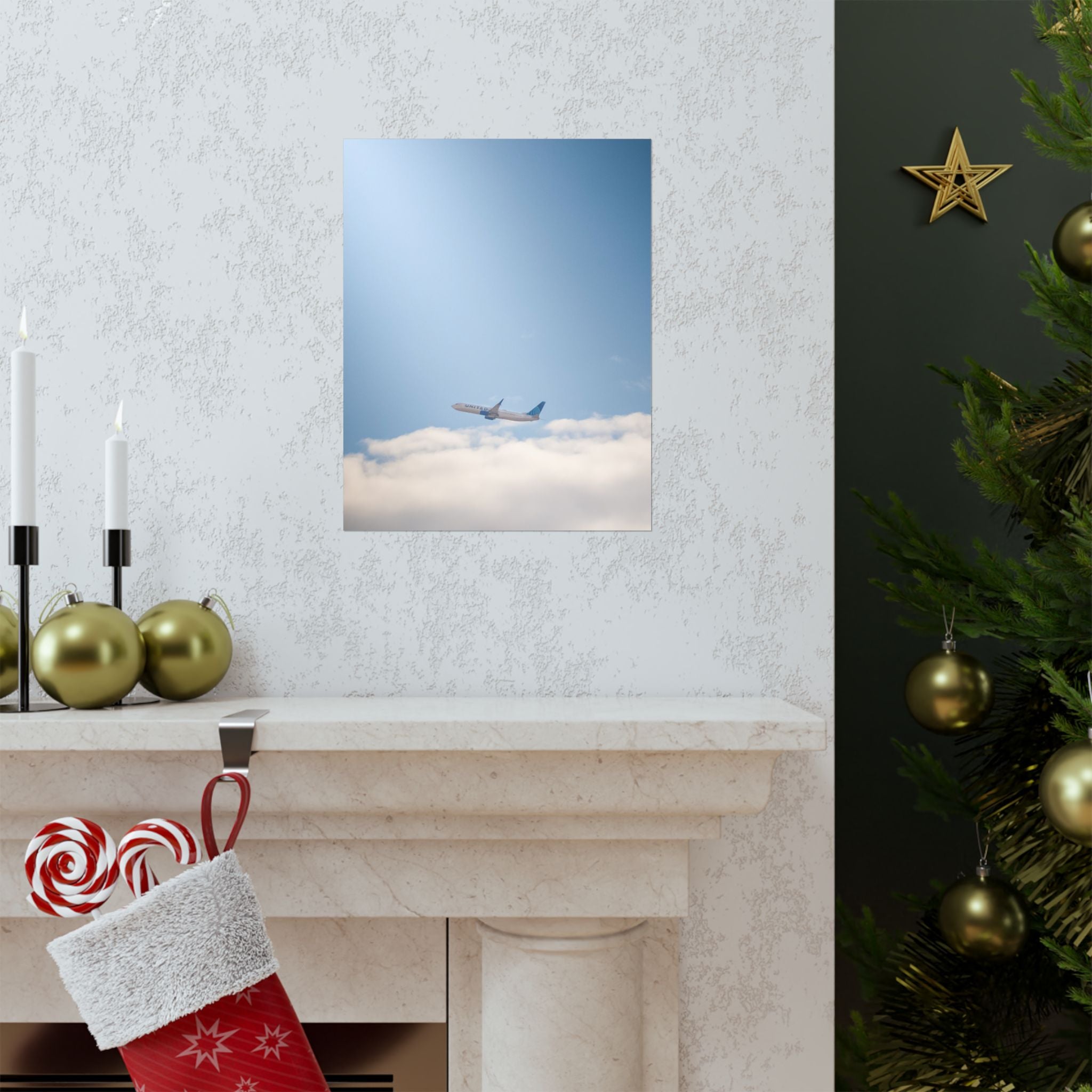 Airplane in Blue Sky Matte Poster — Vertical Travel Wall Art