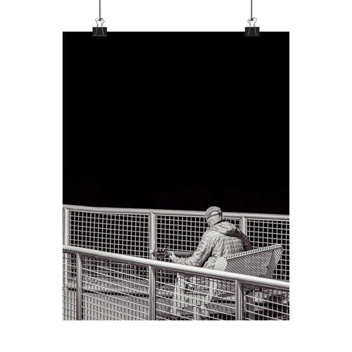 Black & White Lone Guitar Player Matte Vertical Poster — Minimalist wall art