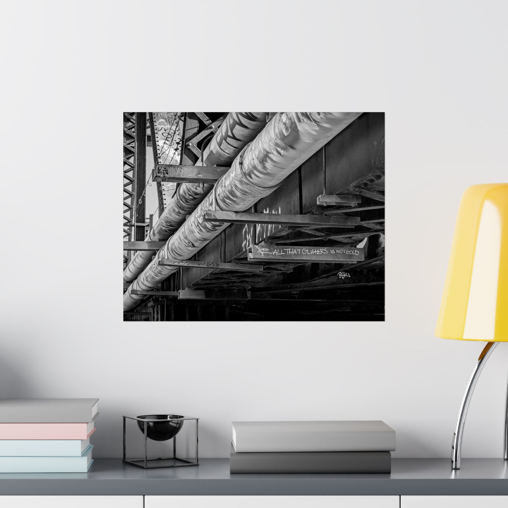 Industrial Black & White Matte Horizontal Poster — Urban Pipe Bridge Photography