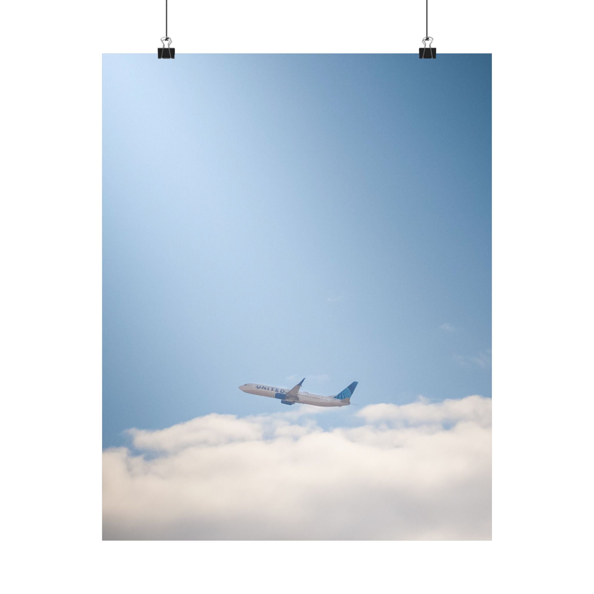 Airplane in Blue Sky Matte Poster — Vertical Travel Wall Art