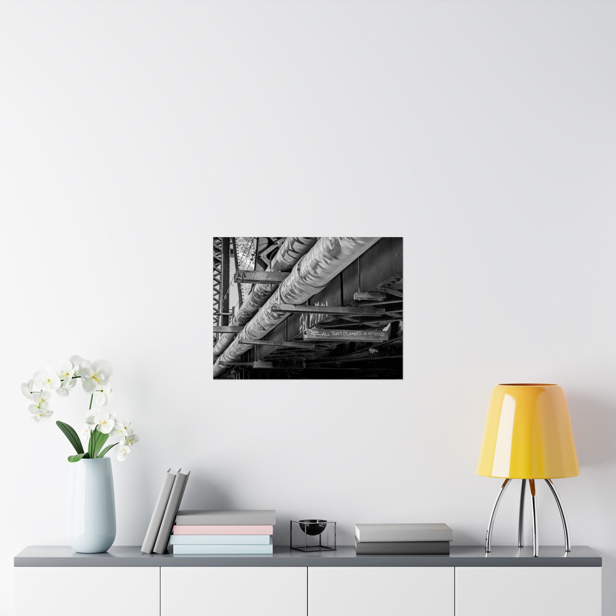 Industrial Black & White Matte Horizontal Poster — Urban Pipe Bridge Photography