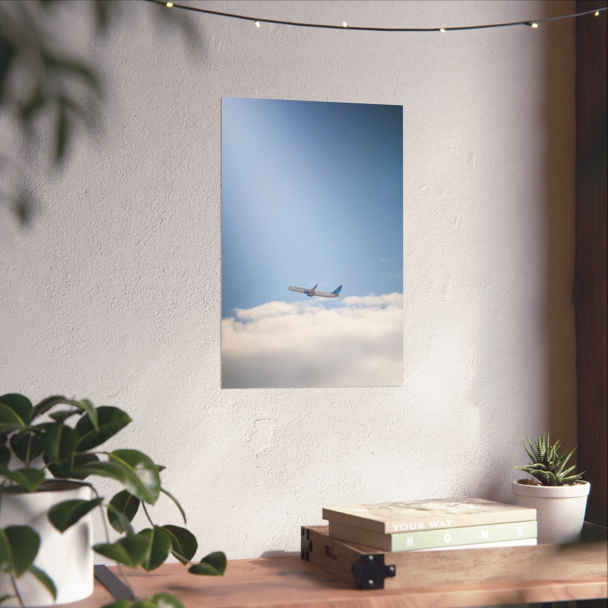 Airplane in Blue Sky Matte Poster — Vertical Travel Wall Art