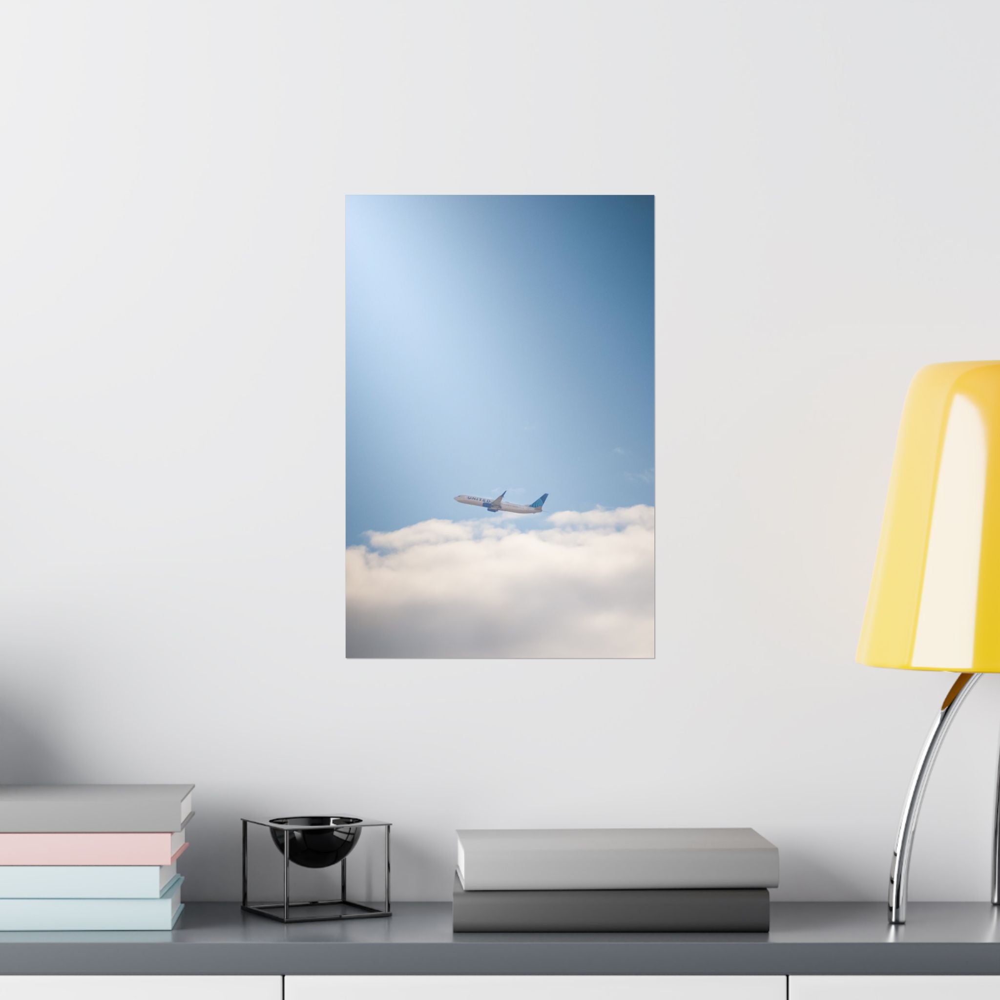 Airplane in Blue Sky Matte Poster — Vertical Travel Wall Art
