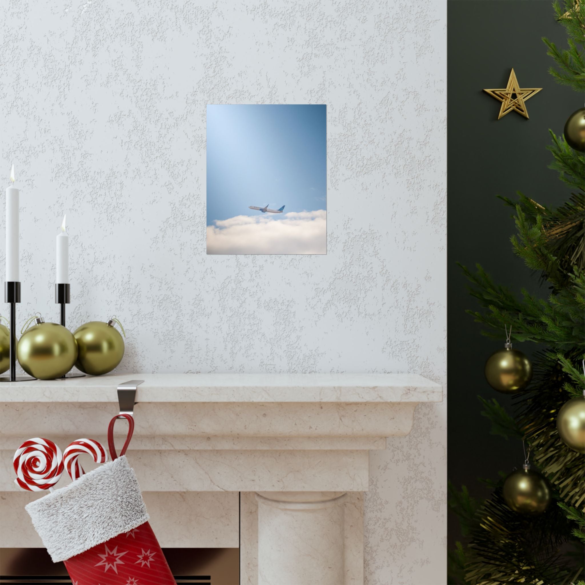 Airplane in Blue Sky Matte Poster — Vertical Travel Wall Art