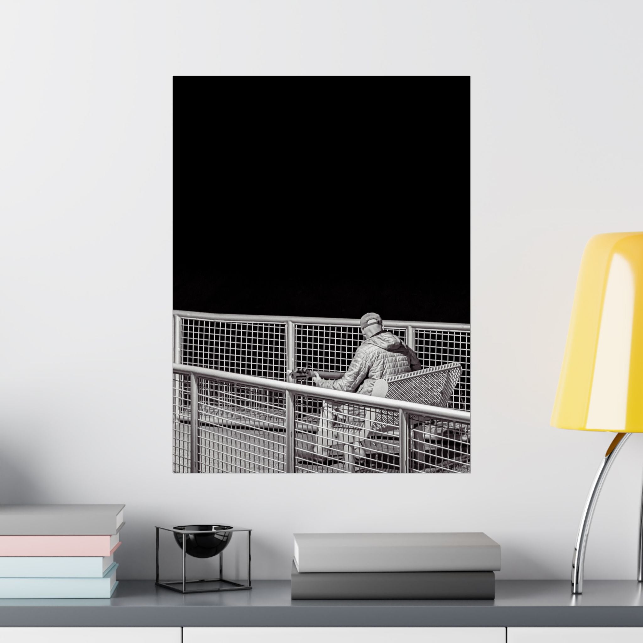 Black & White Lone Guitar Player Matte Vertical Poster — Minimalist wall art