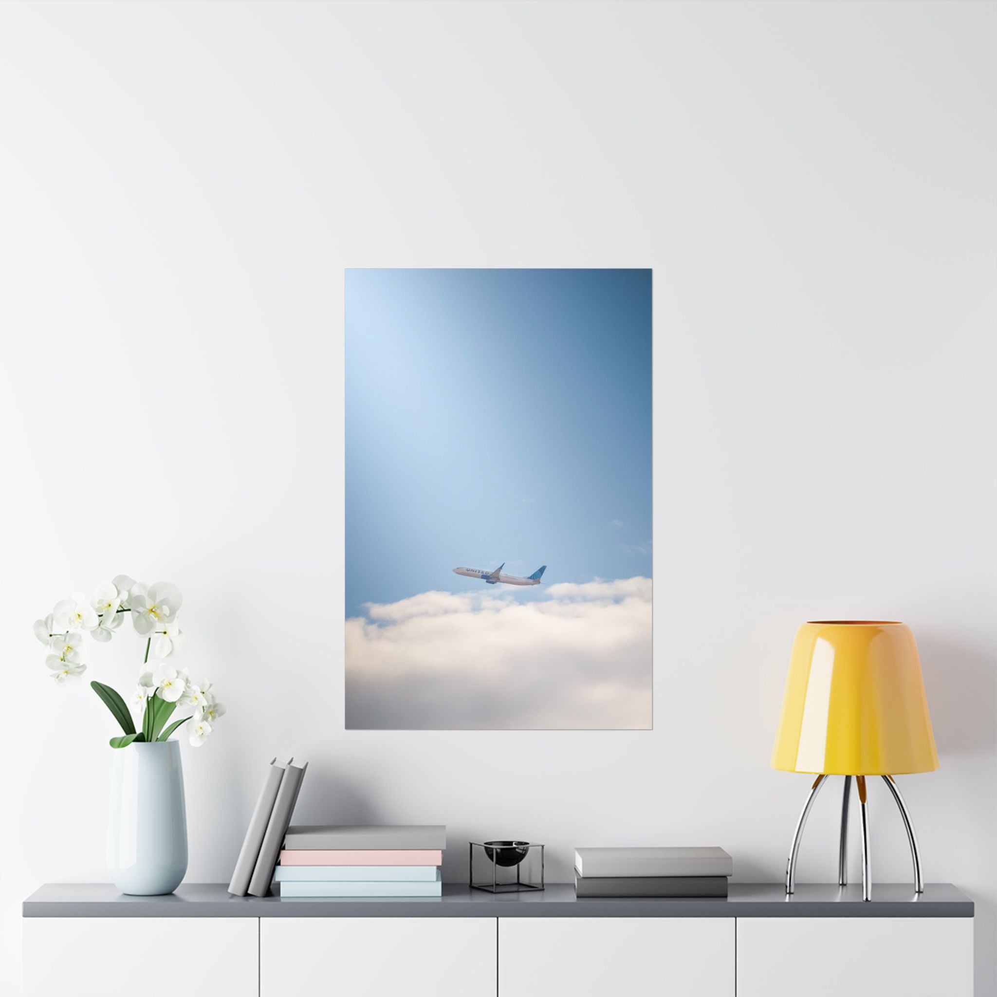 Airplane in Blue Sky Matte Poster — Vertical Travel Wall Art