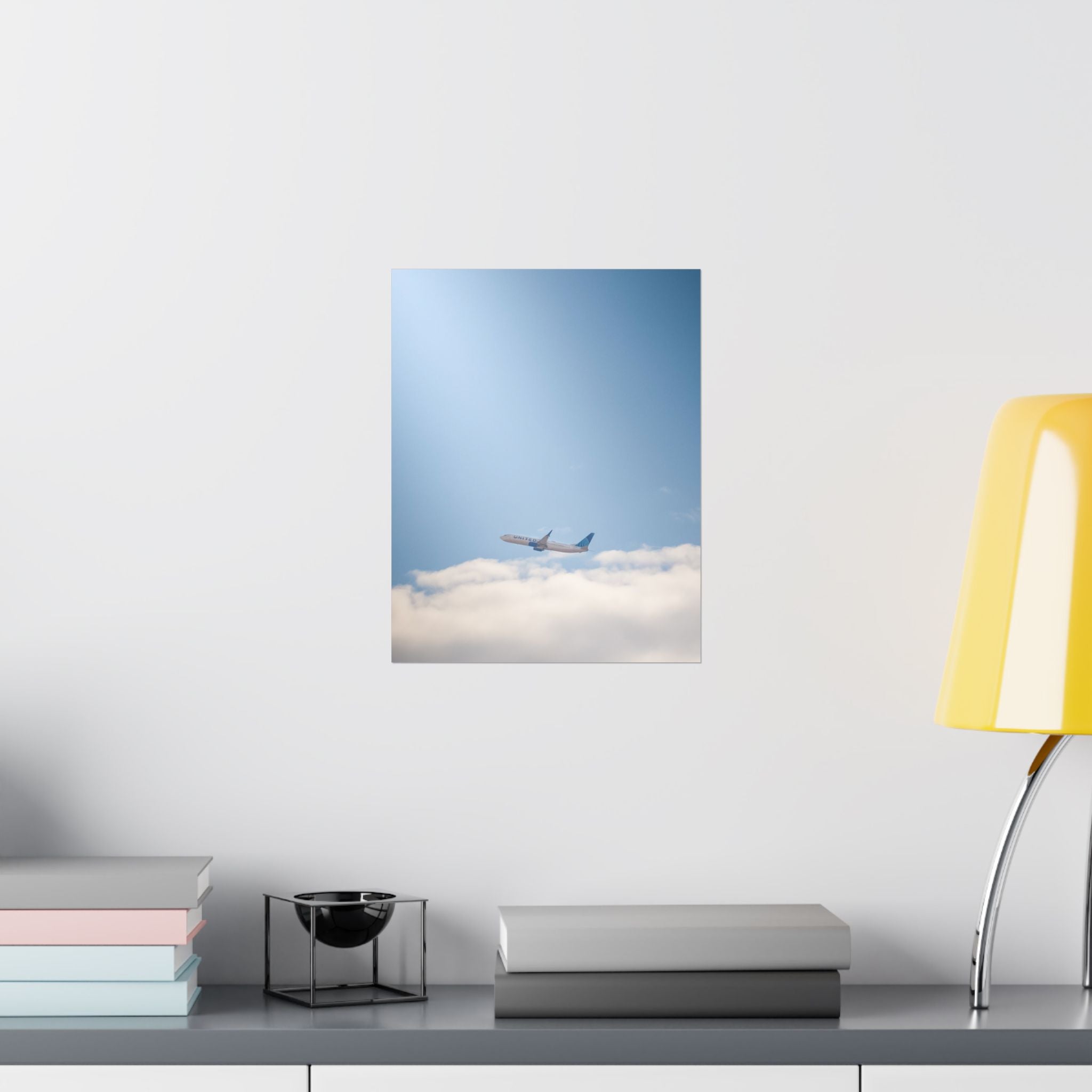 Airplane in Blue Sky Matte Poster — Vertical Travel Wall Art